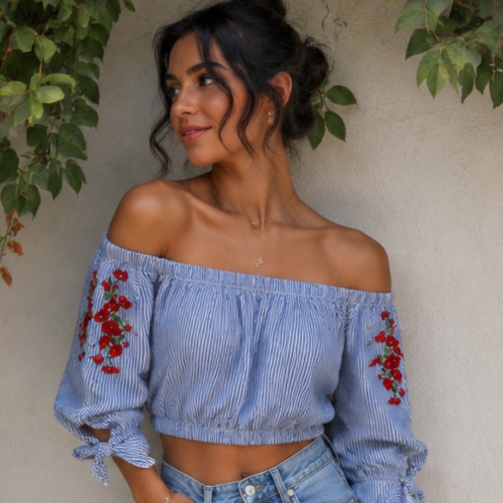 NWT Hollister Off-the-shoulder Blue & White Striped Top with Red Flower Details